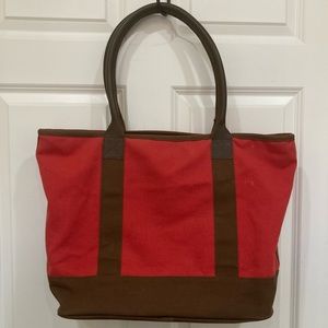 Restoration Hardware Red / Brown cotton canvas tote with leather handles